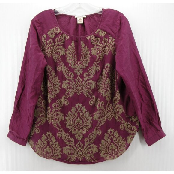 Sundance Top Medium Petites Silk Blouse Metallic Brocade Floral - Picture 1 of 9